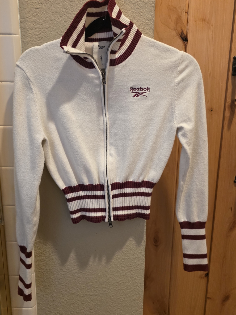 Reebok White Track Jacket with Burgundy Striped Trim